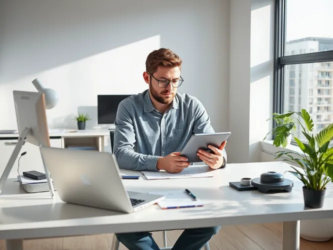 Modern office setup with AI-powered tools assisting a small business owner